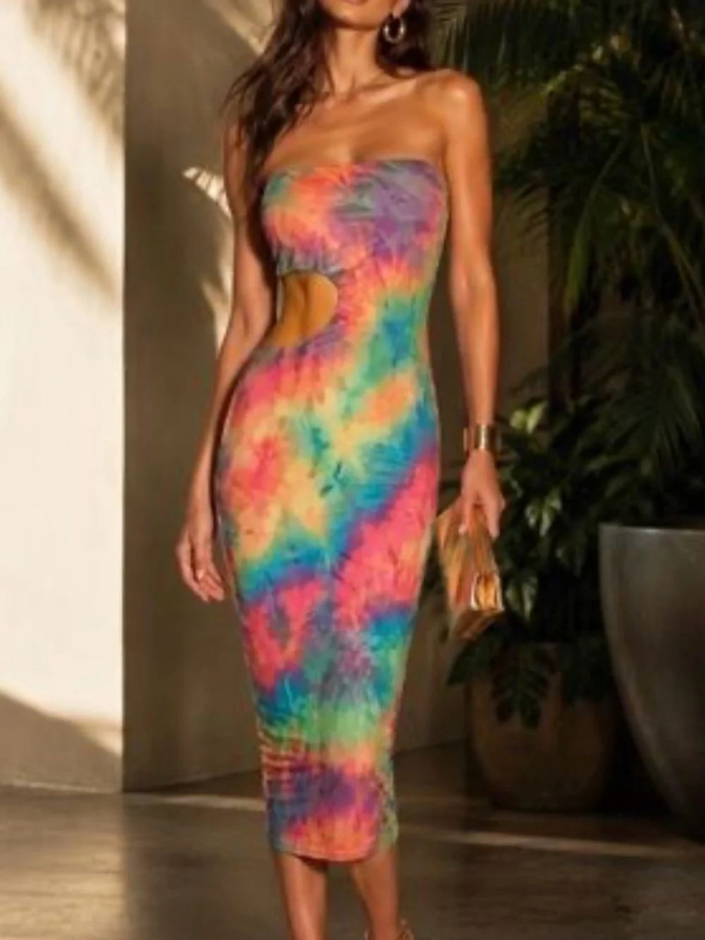 NEW Hot Miami Styles Y2K Multicolor Neon Tie-Dye Strapless Midi Bodycon Dress M